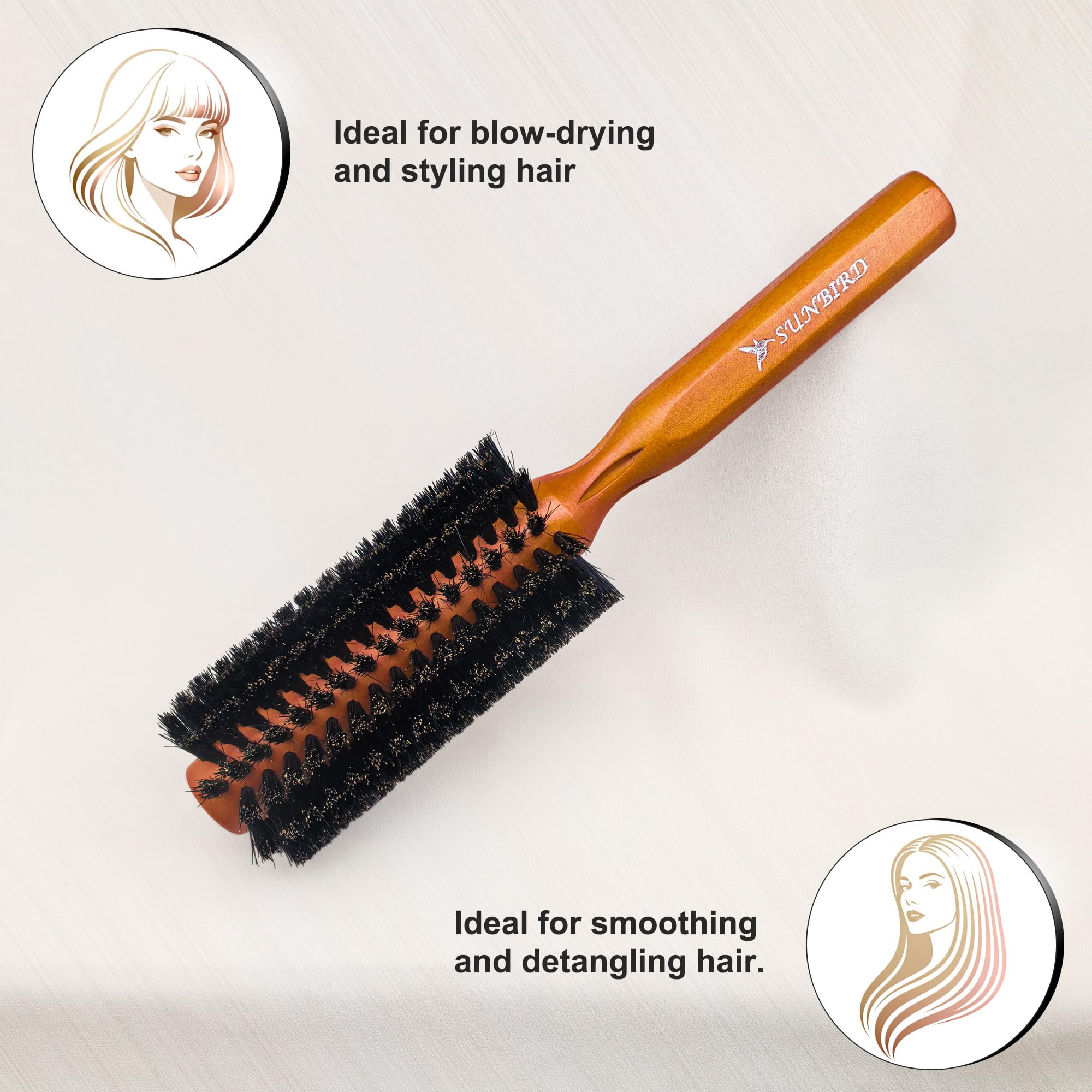 SUNBIRD Boar Bristle Round Hair Brush, 2.0 Inch