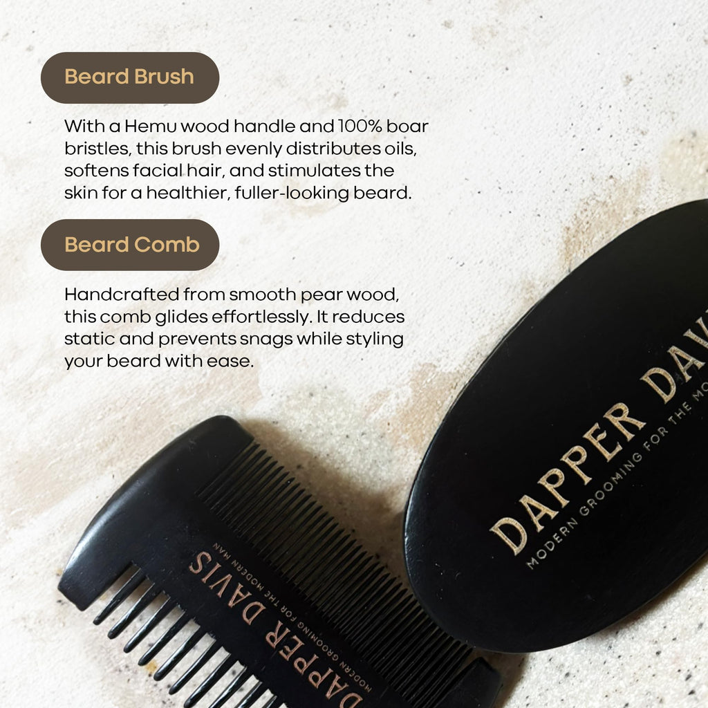 Dapper Davis Beard Brush and Comb Set for Men | Boar Bristle Beard Brush & Wooden Beard Comb | Beard Grooming Kit for Softening, Detangling & Styling Facial Hair