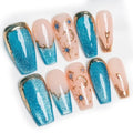 Sun&Beam Nails Handmade Press-On Medium Long Coffin Ballerina with Pink Blue Gold Color 3D Design Charm Cat Eye Cute False Nail Tips 10 Pcs (#082 M)