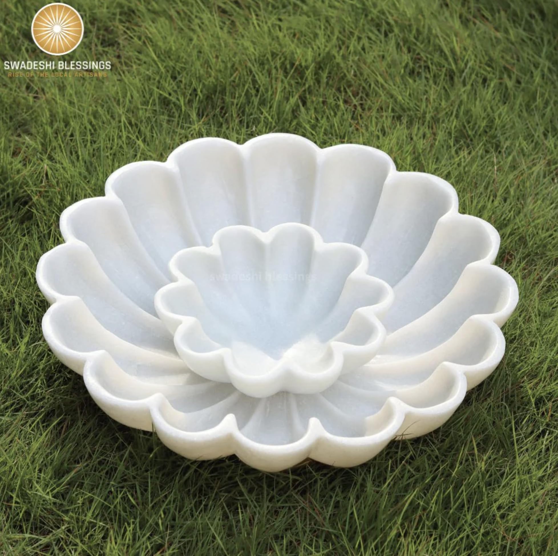 SWADESHI BLESSINGS HandCrafted Marble Decorative Bowl | White Ruffle Scalloped Fluted Key/Fruit Ring Dish | Organic Modern Home Decor (6 Inches)