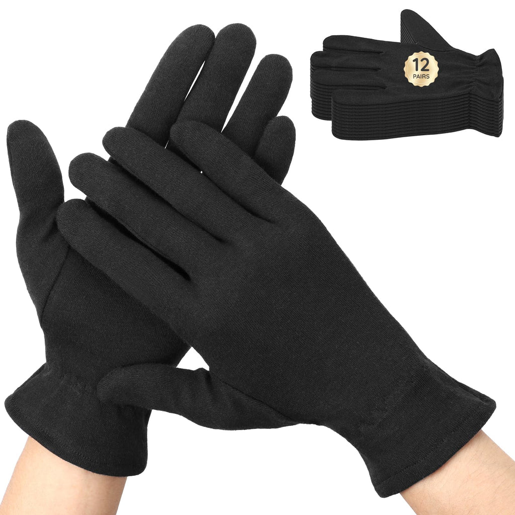 Segbeauty 24 Counts Elastic Black Cotton Gloves Work, 12 Pairs Moisture Lotion Cotton Gloves for Dry Hands Overnight with Elastic Band for Jewelry, At Home Spa Sleep Glove Soft Reusable Gel Glove Bulk