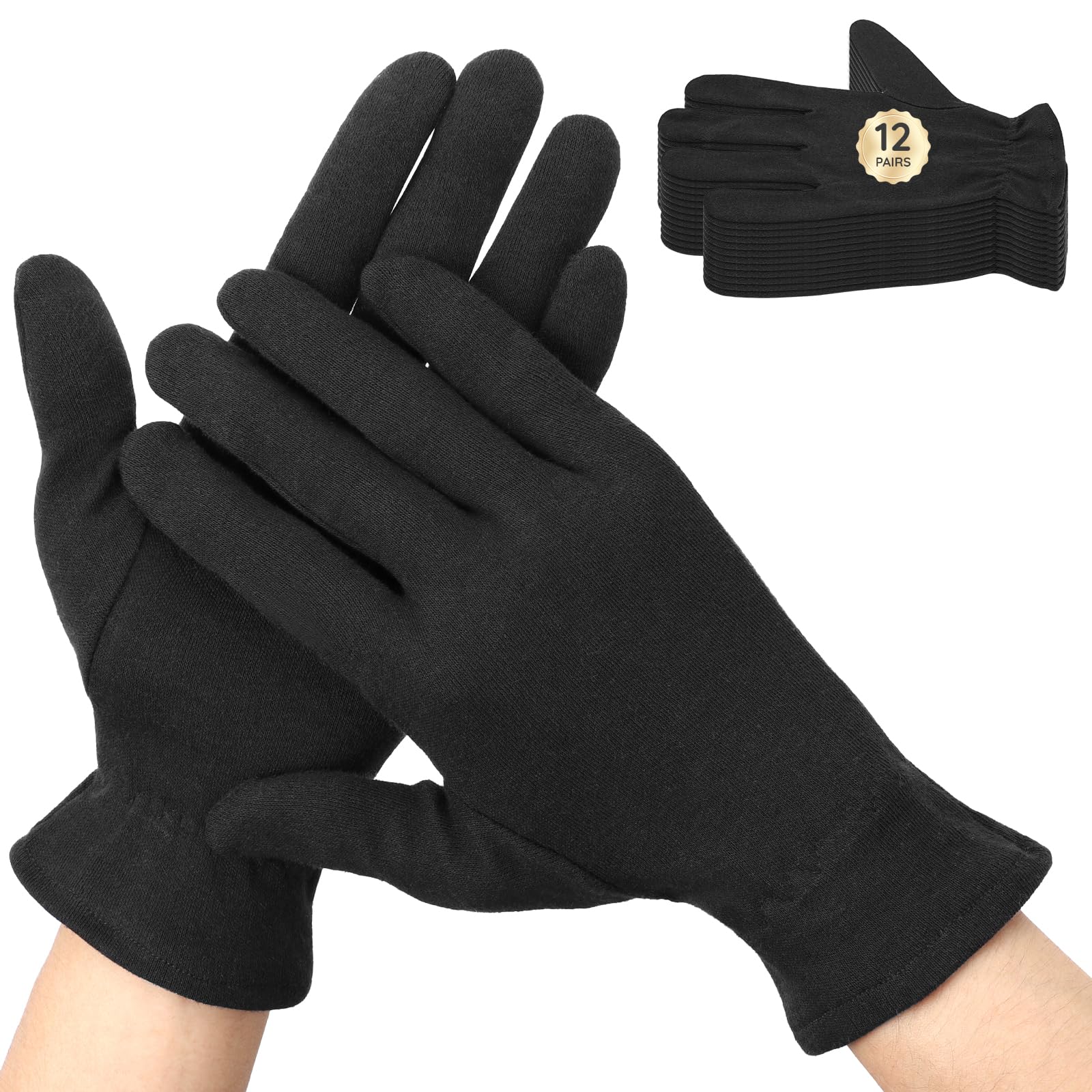 Segbeauty 24 Counts Elastic Black Cotton Gloves Work, 12 Pairs Moisture Lotion Cotton Gloves for Dry Hands Overnight with Elastic Band for Jewelry, At Home Spa Sleep Glove Soft Reusable Gel Glove Bulk