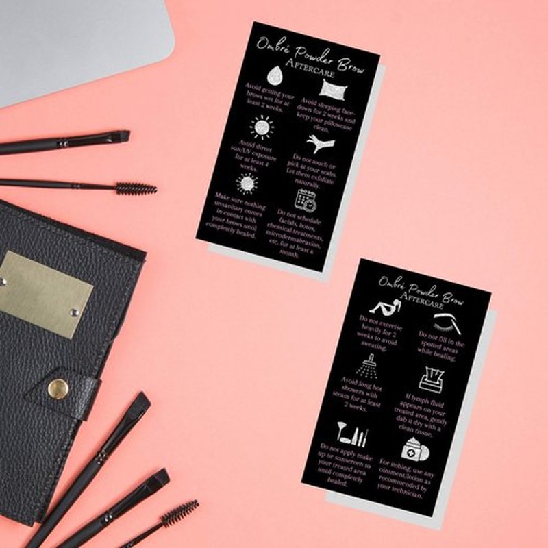 Ombre Powder Brow Aftercare Instructions Cards | Package of 50 | Size 2x3.5" inches Business Card | Black, Silver Glitter, and Light Pink Design