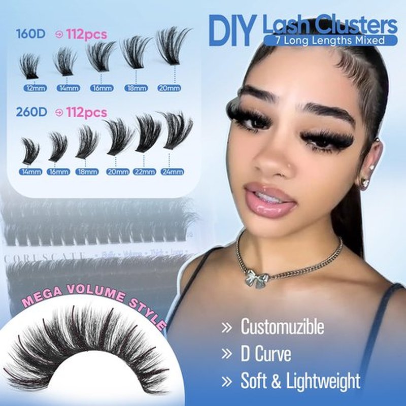 CORUSCATE Lash Clusters 160D+260D Eyelash Clusters 12-24mm Long Lash Extension Thick Cluster Eyelash Extensions Volume Strip Mink Lashes Cluster Dramatic Full Salon Look Mega Eyelashes