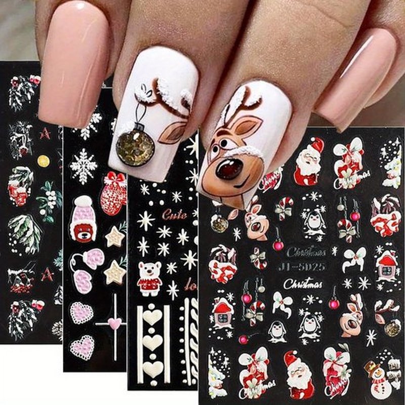 8 Sheets 5D Christmas Nail Art Stickers Self-Adhesive Embossed Cute Santa Claus Reindeer Xmas Tree Designs Cartoon DIY Xmas Nail Art Stickers Decals Christmas Nail Supplies for Women Nails Art Decor