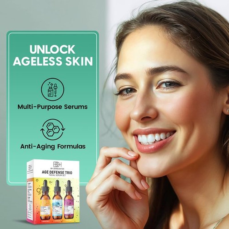 BH Dermcenter Age Defense Trio Anti-Aging Serum Set for Face and Eyes - Vitamin C, Retinol, Hyaluronic Acid Face Serum for Men and Women - 30ml Each - Paraben Free, Cruelty Free