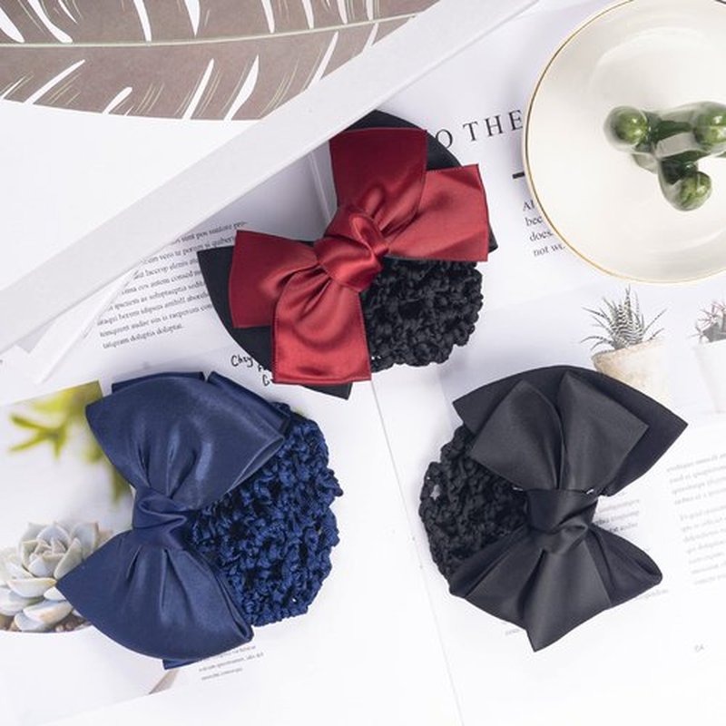 TXIN Women's Hair Accessories: Satin Bow Crochet Knit Red Snood with Bowknot Barrette, Non-slip Mesh Hair Clips for Work and Girls