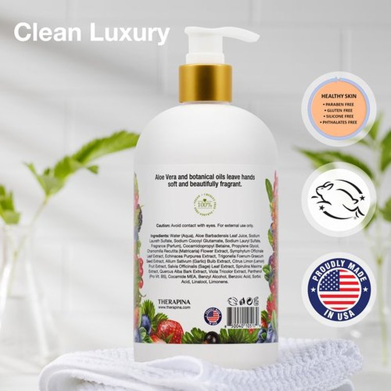 THERAPINA Aromatherapy Luxury Liquid Hand Soap – Vegan, Moisturizing Hand Wash with Aloe Vera, Botanical Oils, Berry Picking Scent – Fancy Liquid Hand Soap for Bathrooms, Kitchen, More, 16 Oz.