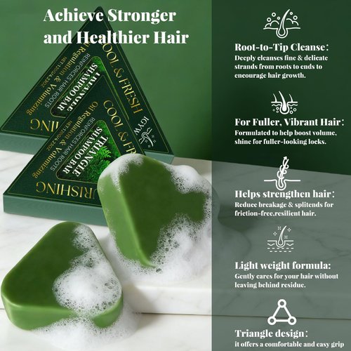 Cypress Leaf Hair Growth Soap - Nature Triangle Shampoo Bar for Strengthening & Reducing Hair Breakage -Gently Cleanses,Triangle Non-Slip Design, for All Hair Types + Foaming Nets - 120g*2