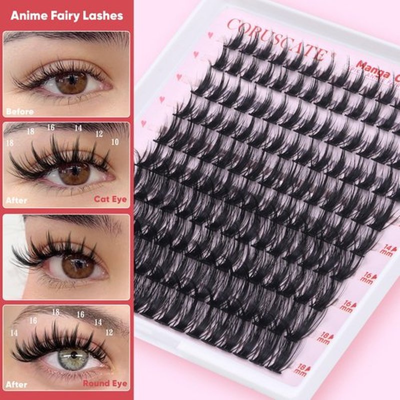 CORUSCATE Manga Lash Clusters Wispy Eyelash Clusters Fairy Anime Lashes Clusters Individual Natural Cluster Eyelash Extensions Asian Style C Curl Manhua Style 10-18mm DIY Wet Look Lash Extension