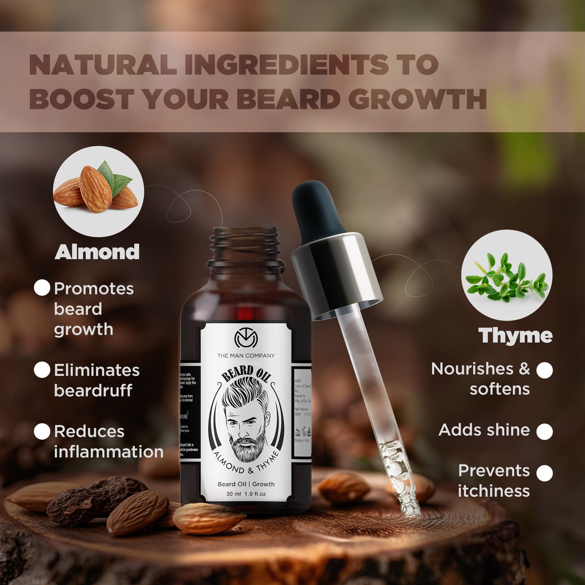The Man Company 100% Natural Beard Oil for Men with Almond Oil, Thyme, Argan, and Jojoba Oil for Faster Beard Growth - 1.1 Oz | Beard Conditioner Oil, Softens & Strengthens Beards and Mustaches