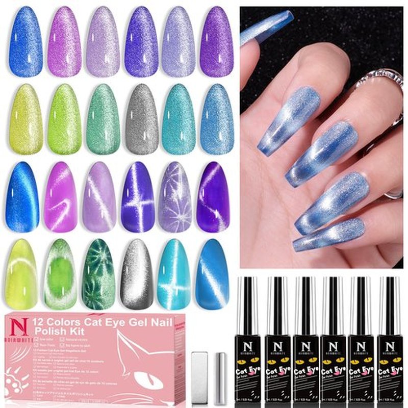 noirwhite Cat Eye Gel Nail Polish Kit-12 Colors Holographic Glitter Cat Eye Gel Polish Set with Magnet Based Top Coat Romantic Galaxy Series Soak Off Uv Led Magnetic Nail Polish Nail Art Manicure DIY