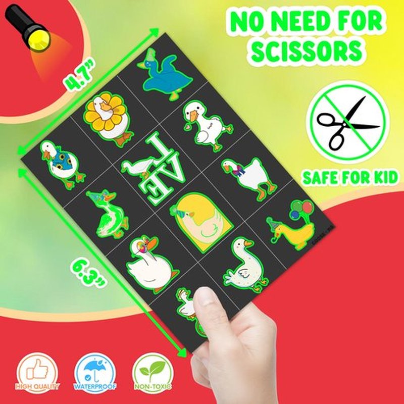Duck Pre-Cut Temporary Tattoos 8 Sheets 96 PCS Silly Goose Party Decorations Supplies Favors Geese Animals Theme Birthday Cute Stickers Christmas Gifts for Boys Girls Class School Carnival (Luminous)