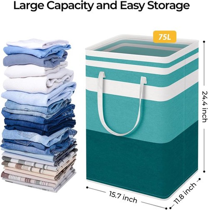 HomeHacks Large Waterproof Laundry Basket - Collapsible Hamper with Extended Handles | 75L Green