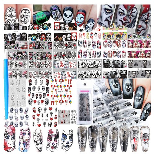 UARUOGP 25 Sheets Halloween Water Transfer Nail Stickers Nail Art Decals,10 Sheets Punk Skull Nails Foil Transfer Stickers,Grimace Skull Eye Spider DIY Decals for Halloween Party(35 Pcs)