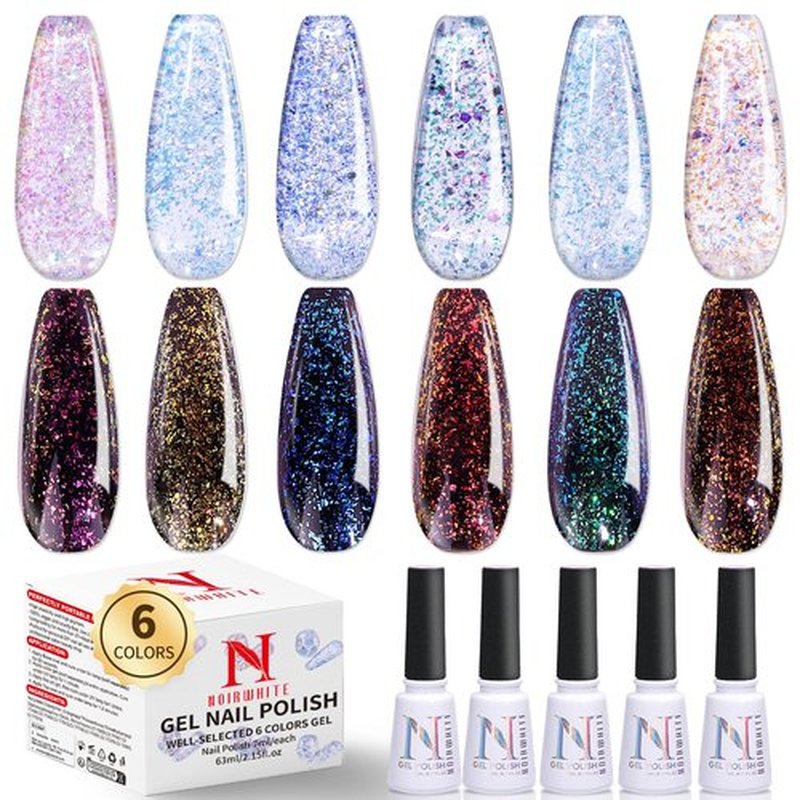 noirwhite 6 Color Glitter Sequins Gel Nail Polish Sparkly Shiny Blue Green Pink Yellow gel with Top Coat and Primer set Soak Off U V Gel Nail Art Manicure 7ML/each 9PCS