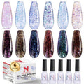 noirwhite 6 Color Glitter Sequins Gel Nail Polish Sparkly Shiny Blue Green Pink Yellow gel with Top Coat and Primer set Soak Off U V Gel Nail Art Manicure 7ML/each 9PCS
