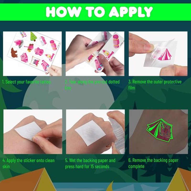 96 PCS Camp Camping Pre-Cut Luminous Glow in the dark Temporary Tattoos for Kids Themed Birthday Party Supplies Favors Decorations 8 Sheets Super Cute Fake Tattoo Stickers Gifts For Boys Girls Rewards