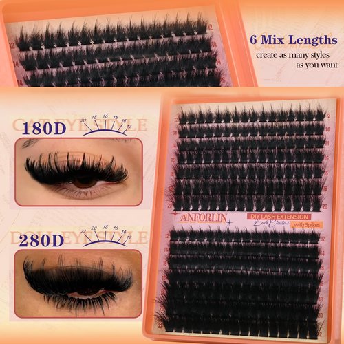 Thick Lash Clusters With Spikes 180D+280D Volume Eyelash Clusters 12-22MM Long Manga Lash Extension Spiky Cluster Eyelash Extensions 224Pcs Manga Individual Lashes DIY at Home by Anforlin