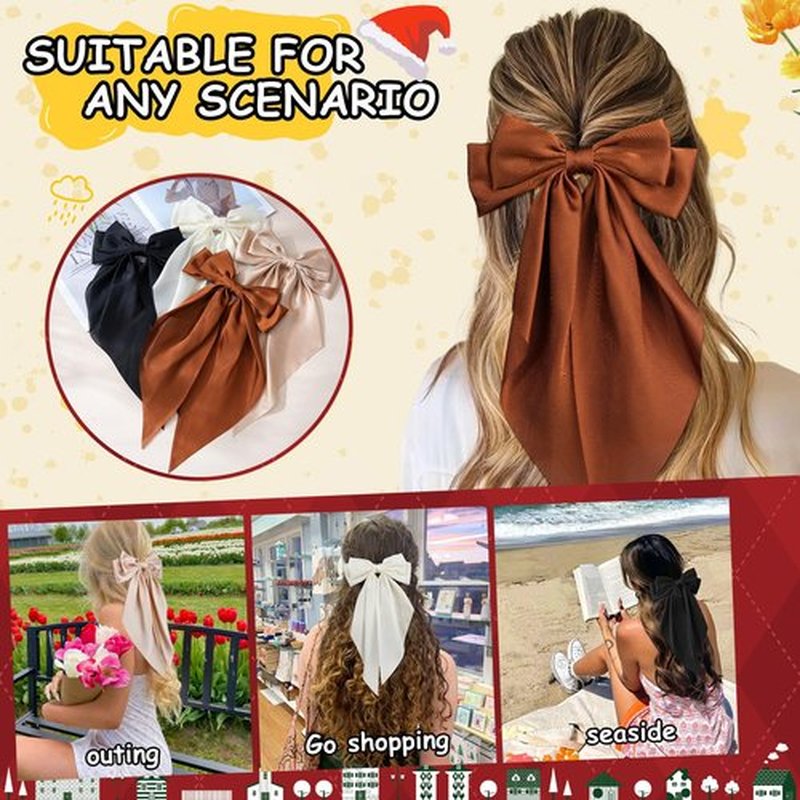 4 Pcs Hair Bows for Women Big Ribbon Bows for Hair Long Tail Bow Hair Clips Cute Hair Barrettes Hair Accessories for Girls (Black + Beige + Khaki + Curry)