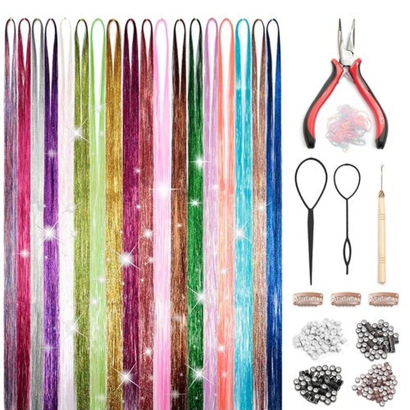 Hair Tinsel Kit 18 Colors, 8000 Strands, 48 Inches Heat-Resistant Glitter Hair Extensions with Application Tools, Holographic Fairy Hair Tinsel for Girls & Kids, For Christmas, Halloween (18 colors)