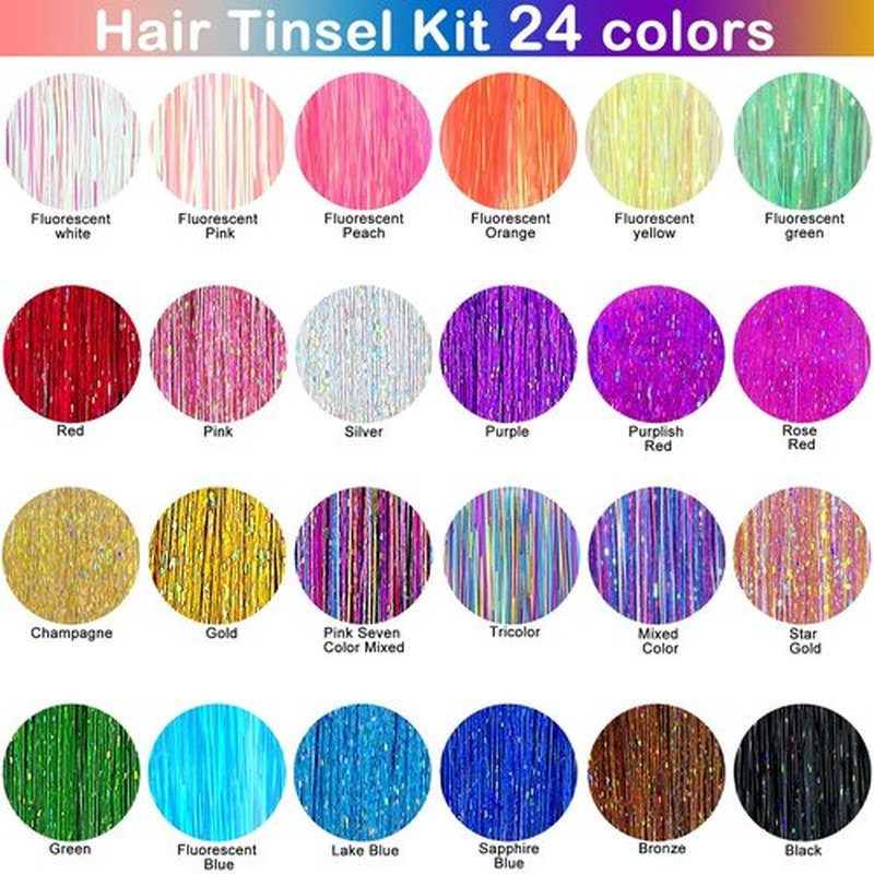 Hair Tinsel Kit (48 Inch, 24 Colors, 6000 strands), Tinsel Hair Extensions with Tools, Heat Resistant Glitter Hair Tinsel Kit for Women Hair Accessories