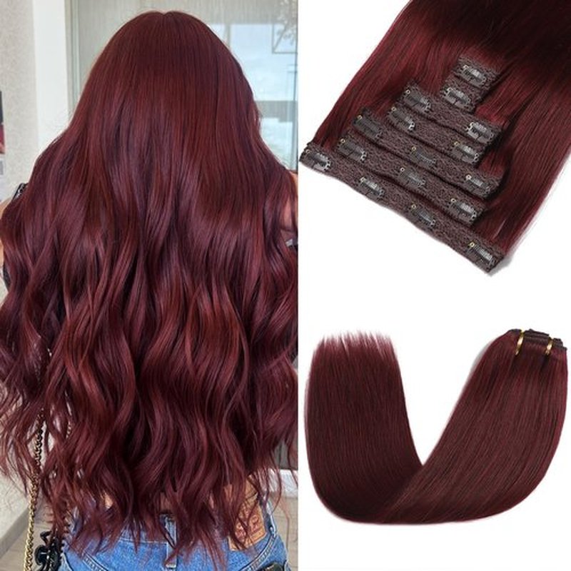 Rimoss Clip in Hair Extensions Real Human Hair - 22 Inch 120g 7pcs, Burgundy Red Color - Soft Remy Human Hair Clip in Extensions Straight Double Weft for Women (#99J 22 Inch)