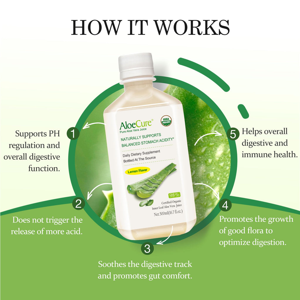 AloeCure USDA Organic Aloe Vera Juice Lemon Flavor - Made Within 12 Hours of Harvest - Natural Digestive Supplement for Balanced Stomach Acidity - Support Digestive and Immune Health, 2 Btls x 16.7oz