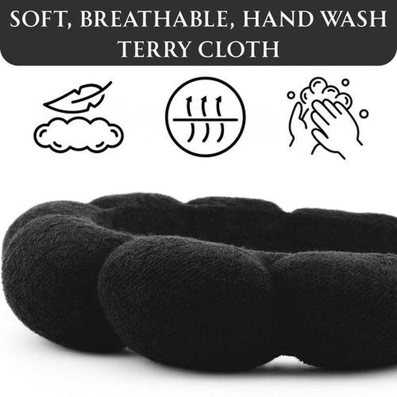 2 ORCHIDS Terry Cloth Skincare Headband for Washing Face - Makeup Headband for Women, Spa Hairband, Bubble Band, Face Wash Accessory, Getting Ready for Skincare Routine (Black)