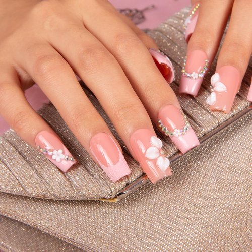 LOVFUL Press on Nails Pink Lady Handmade | Handmade with Full Covered Crystals | Reusable Fake Nails | Square Regular 1.0 in | H281-S