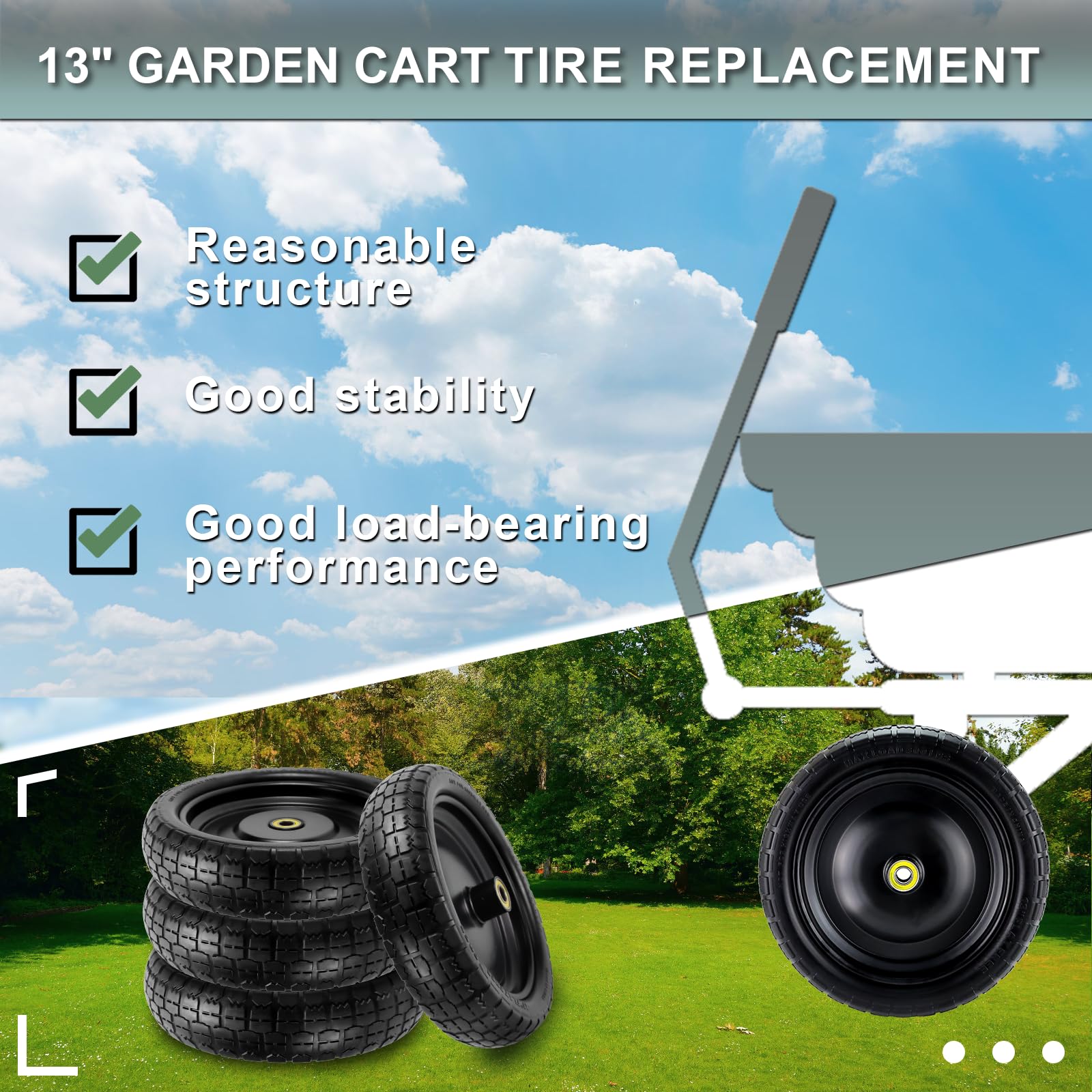 13"Garden Cart Tire Replacement for 13" Flat-Free Tire and Wheel with 5/8" Axle Borehole, 2.1" Offset Hub, 3.15" Wide Tires Used for Wheelbarrow Garden Cart and Trolleys, 4-Pack by Cenipar