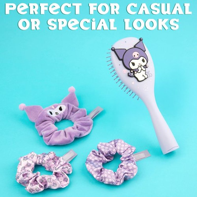 Hello Kitty Sanrio Hair Brush & Scrunchies Set, Kawaii Valentines Day Gifts for Women, Wife, Girlfriend, Girls, Teens, Kuromi, Cinnamoroll Cute Stuff, Detangler Brush (Kuromi Brush & Scrunchies)