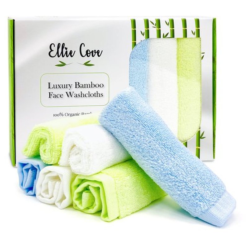 Ellie Cove Luxury Facial Washcloths, Made from 100 Percent Rayon Bamboo, Makeup Remover, Reusable Absorbent, Gentle for Delicate Sensitive Skin, Set of 6, 10"X10" (White-Green-Blue)