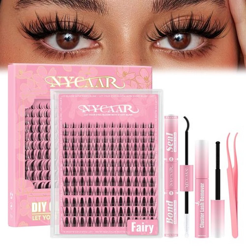 NYCAAR Fairy Lash Clusters Kit Spiky Manga Lash Clusters D Curl 144Pcs 8-18mm Lash Extension Kit Wispy Invisible Band Lashes Kit with Bond and Seal,Remover,Applicators DIY at Home(Fairy)