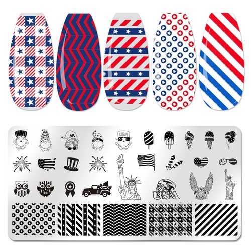 JERCLITY 6pcs 4th of July Nail Stamping Plates Independence Day Nail Stamping Kit Patriotic American Flag Star Statue of Liberty Image Plates Nail Art Design Template Print Nail Stamper Kit for Women