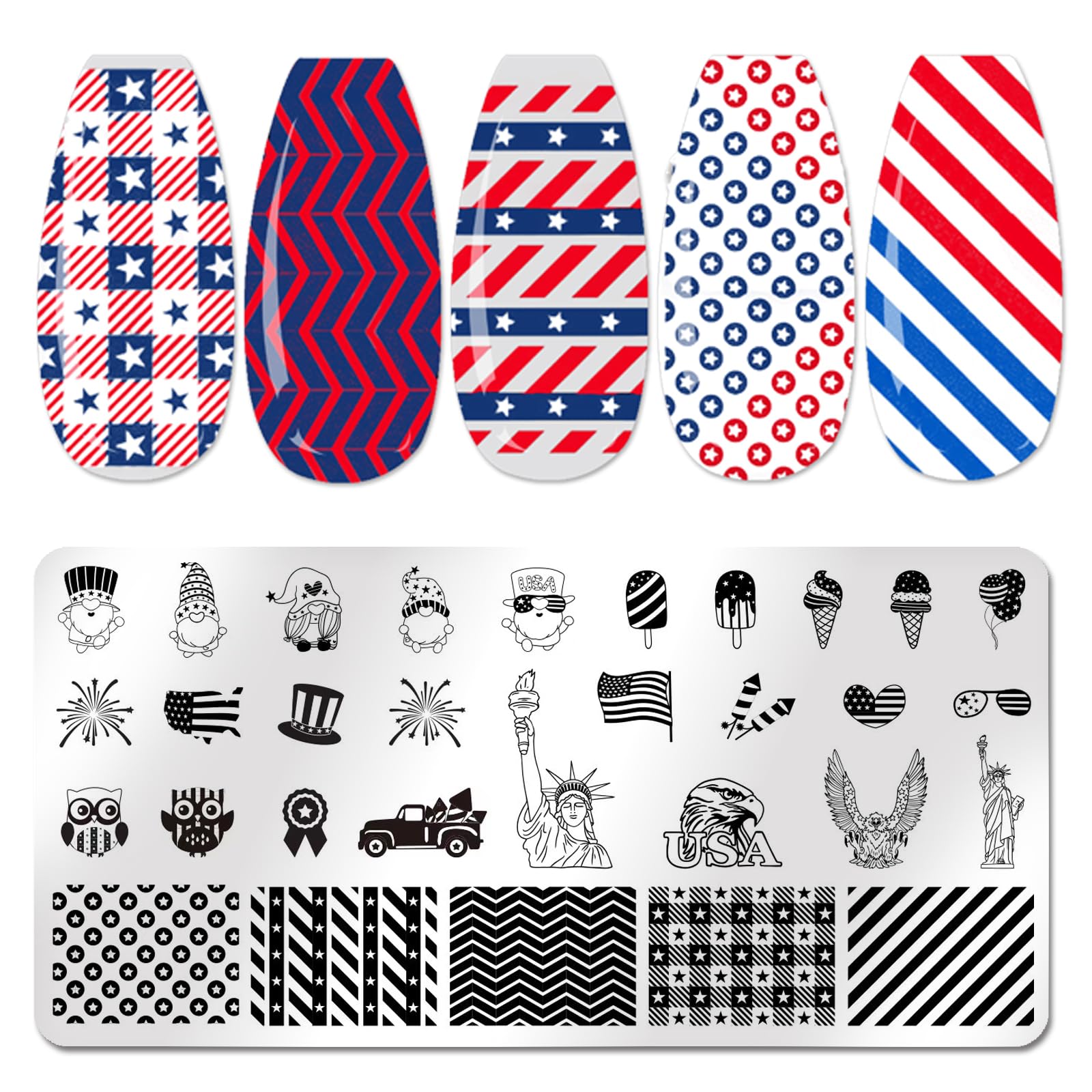 XEAOHESY 6pcs 4th of July Nail Stamping Plates for Nails Independence Day Nail Stamping Kit Patriotic American Flag Stars Statue of Liberty Image Plates Nail Stamper Plates for Women Nail Art