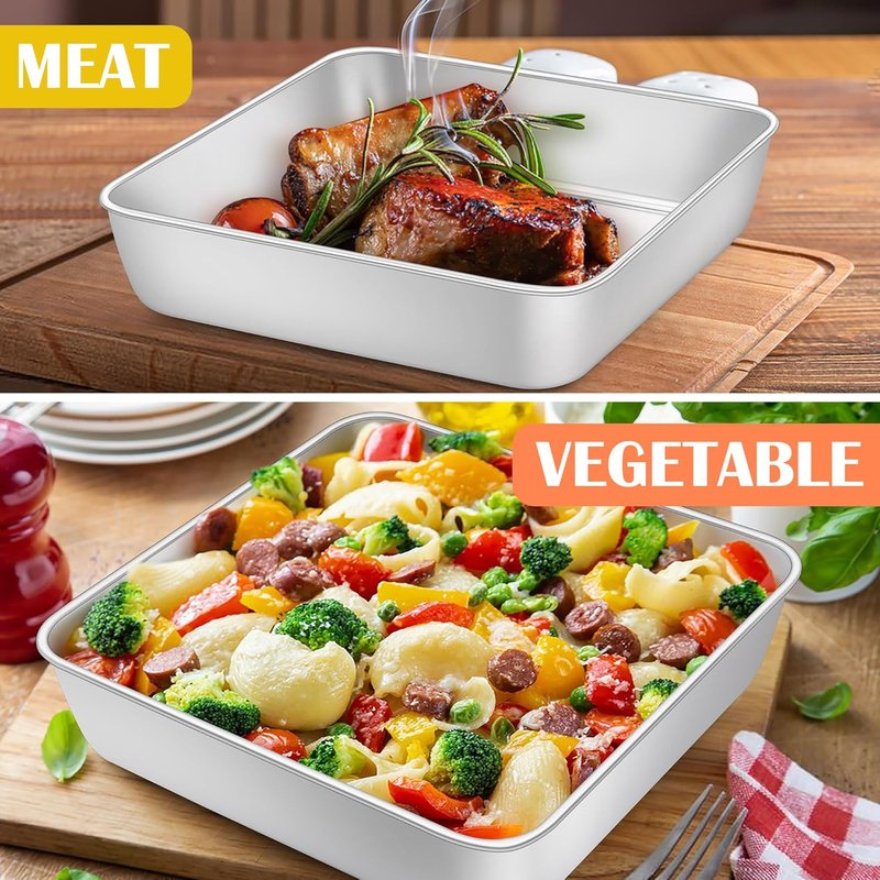 E-far Stainless Steel Square Cake Pans Set of 2 - 8x8 Inch Non-Toxic Bakeware for Lasagna & Brownies