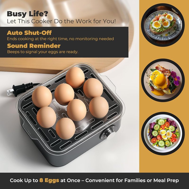 Annie & Mia Design Stainless Steel Electric Egg Cooker - 8 Egg Capacity, 500W, Auto Shut-Off & Recipe Guide (Black)