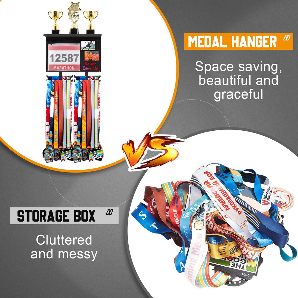 Moxweyeni Race Medal and Bib Display with Trophy Shelf, Wall Mounted Photo Display Board, Ideal Gifts for Runners and Marathoners, Holds up to 50 Medals, 40 Race Bibs & 5 Trophies(Black)