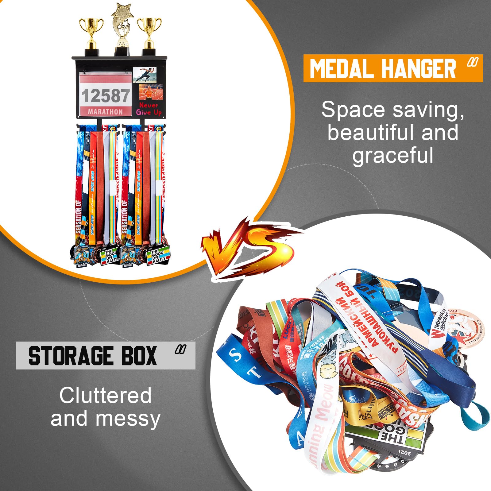 Moxweyeni Race Medal and Bib Display with Trophy Shelf, Wall Mounted Photo Display Board, Ideal Gifts for Runners and Marathoners, Holds up to 50 Medals, 40 Race Bibs & 5 Trophies(Black)