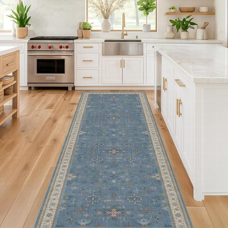 Hazo Haus 10ft Non-Slip Hallway Runner Rug - Washable & Waterproof Blue 2x10 Kitchen Floor Mat | Modern Boho Décor