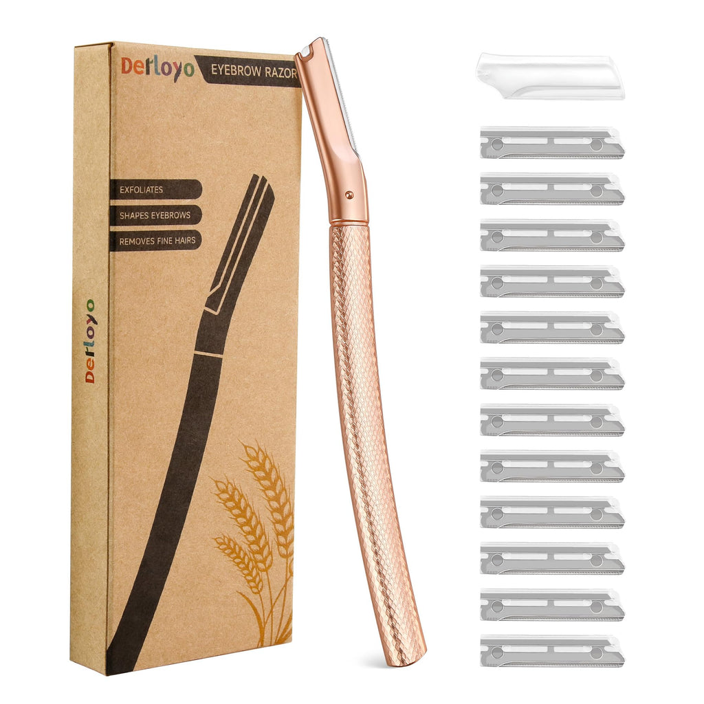 Derloyo Dermaplane Razor for Women Face, 12 Refill Blades, Rose Gold