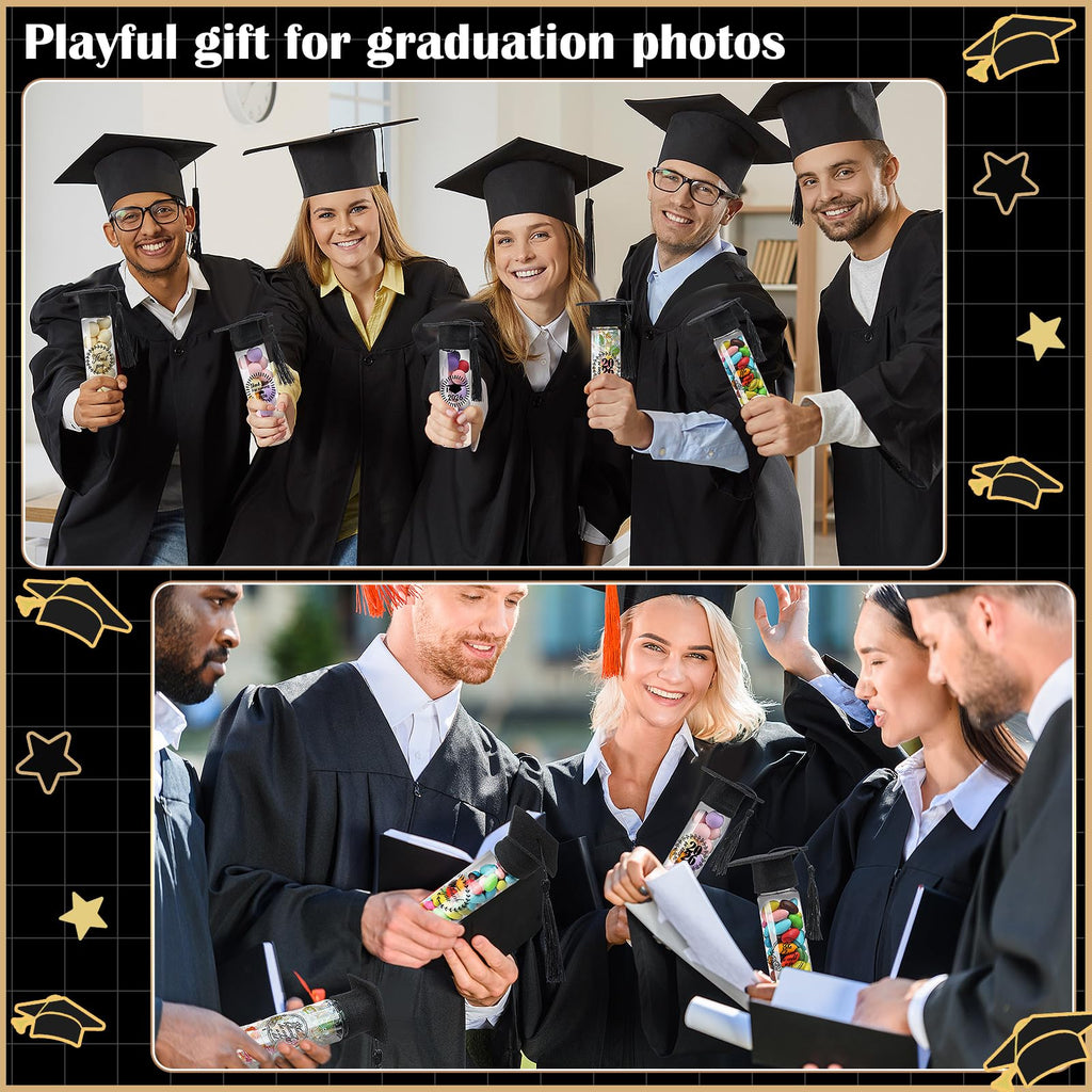 Teenyyou 25 Pcs Graduation Candy Tubes 2026 Graduation Party Favors Candy Boxes Plastic Grad Cap Jars Container with Tassels and Stickers for DIY Grad Table Party Favors (Black)