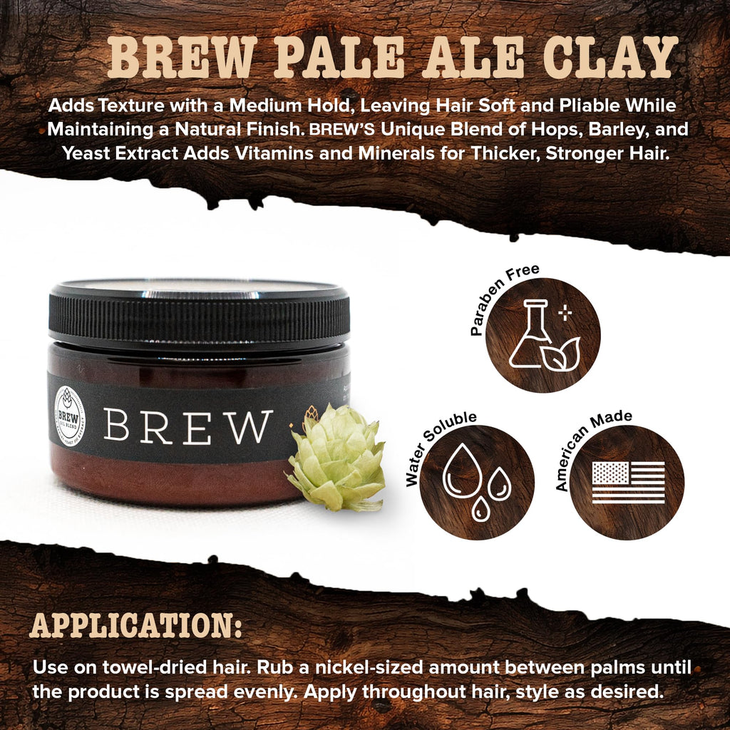 Brew Grooming Hair Styling Clay for Men - Matte Strong Hold Molding Pomade for Beard and Hair - Natural Ingredients Barley, Hops, Yeast - Paraben Free - Water Based for Smooth Finish 4 oz