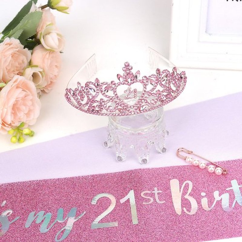 Araluky Pink 21st Birthday Decorations for Her with Happy 21st Birthday Sash for Women 21st Birthday Crown 21st Birthday Sash and Crown 21st Birthday Gifts for Her