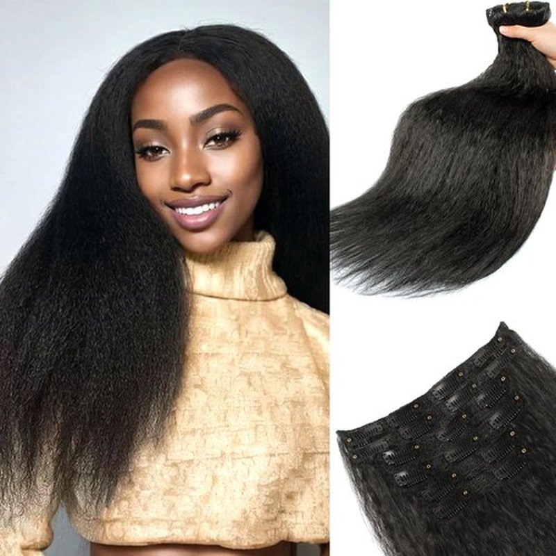 HAFTALUV Kinky Straight Clip in Hair Extensions 130g 6Pcs Protein Fiber Close to Human Hair Clip in for Black Women Full Head Double Weft 20inch 1B