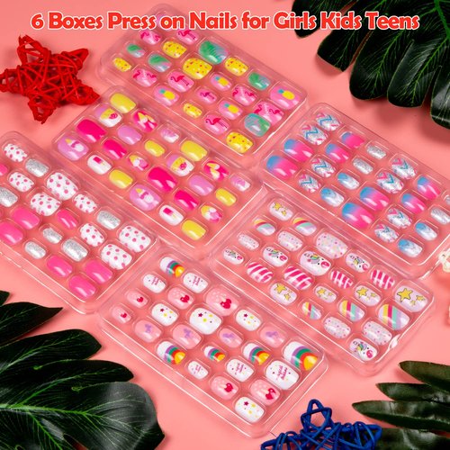 144 Pieces Fake Nails for Kids Girls Artificial Kids Press on Nails Full Cover Short Acrylic Stick On Nails False Nail Tips Kit for Children Little Girls Nail Art Decoration (pink style)