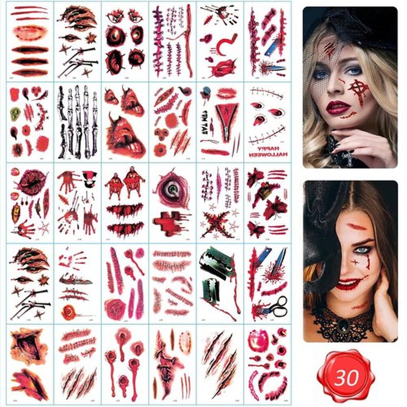Halloween Scar Tattoos 30 Sheets Halloween scar tattoos Stickers with Fake Scab Blood,zombie tattoo,halloween scar makeup,halloween face stickers Zombie Fake Injury Wound for Halloween Costume