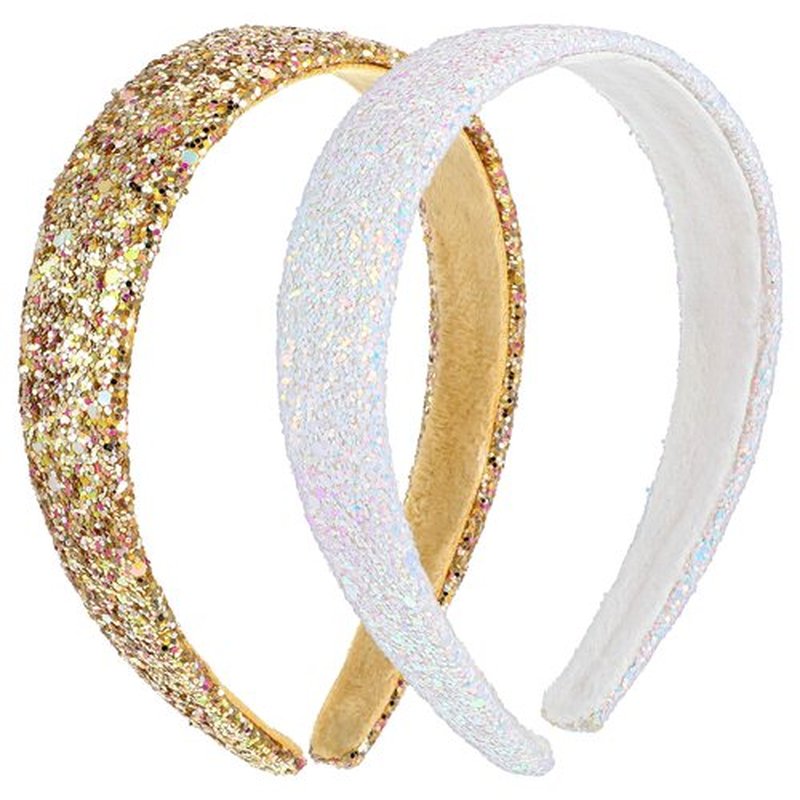 COMNICO 2 PCS Glitter Headbands for Girls, Cute Sparkly Wide Thick Head Bands Bling Non Slip Hairband Rainbow Sequin Little Girl Hair Accessories for Children Kids Women(White+Gold)