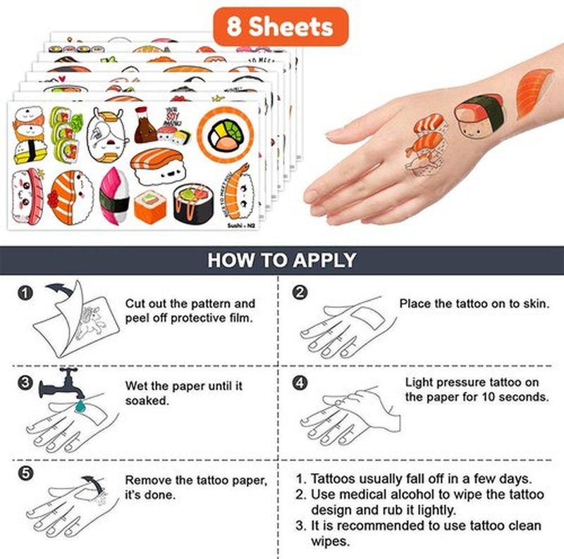 Sushi Temporary Tattoos 8 Sheets 96 PCS Sushi Roll Party Decorations Favors Supplies Japanese Theme Birthday Cute Stickers Christmas Gifts for Boys Girls Kids Class School Prizes Carnival